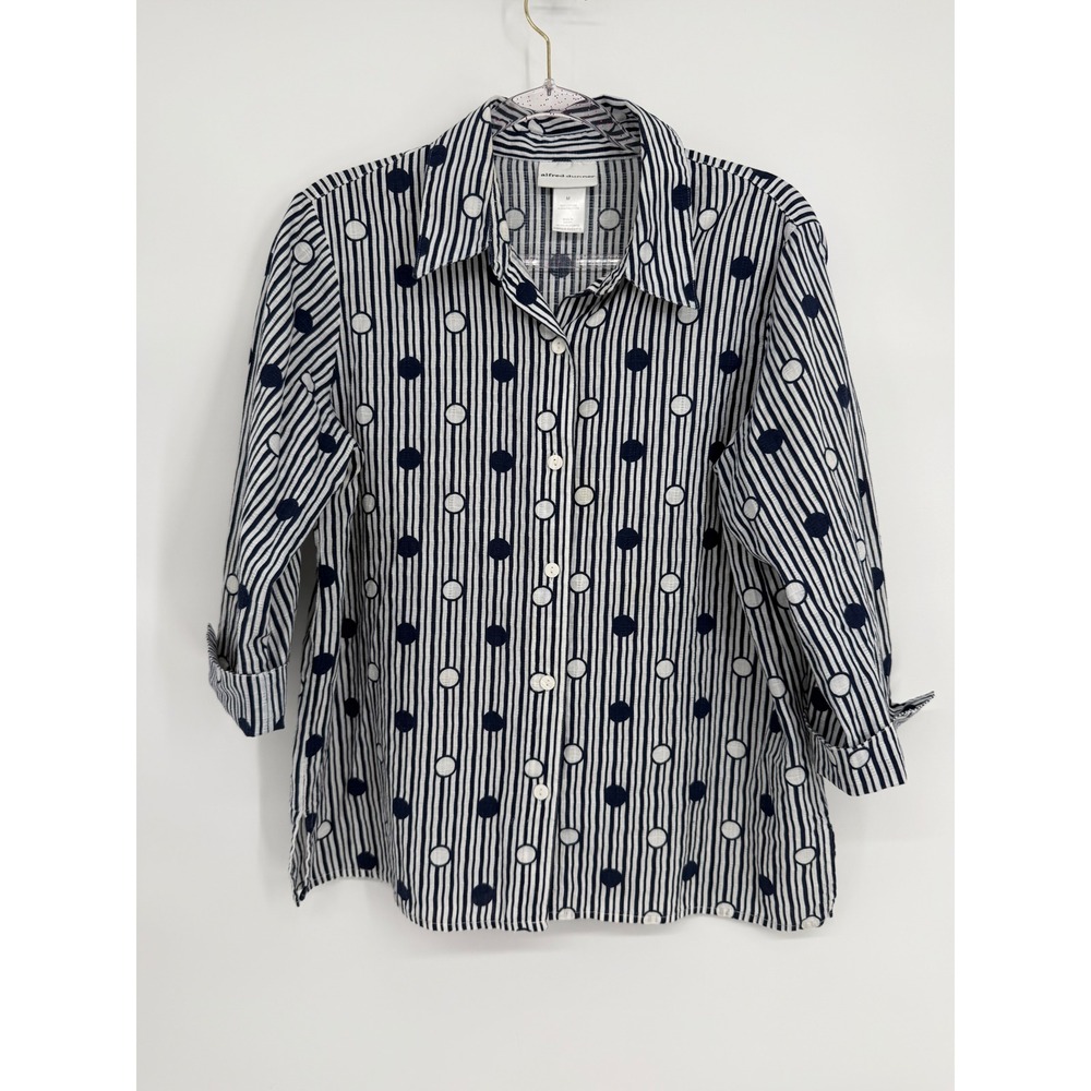 Alfred Dunner Navy Blue White Striped Polka Dot Button Down Shirt Sz M Cotton